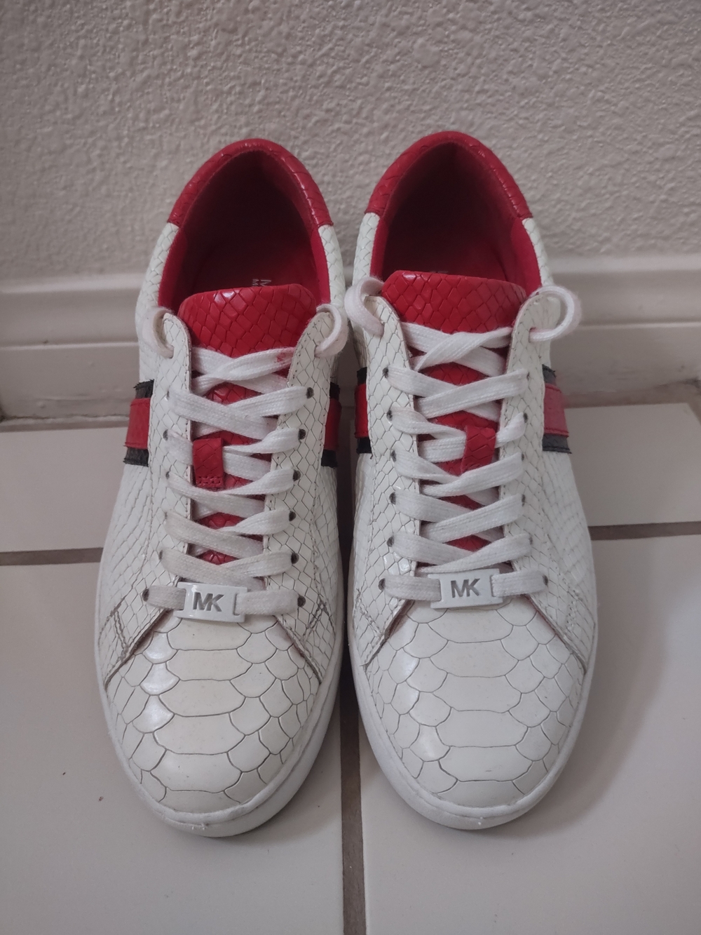 Michael Kors White Sneakers with Red Accents and MK Charm